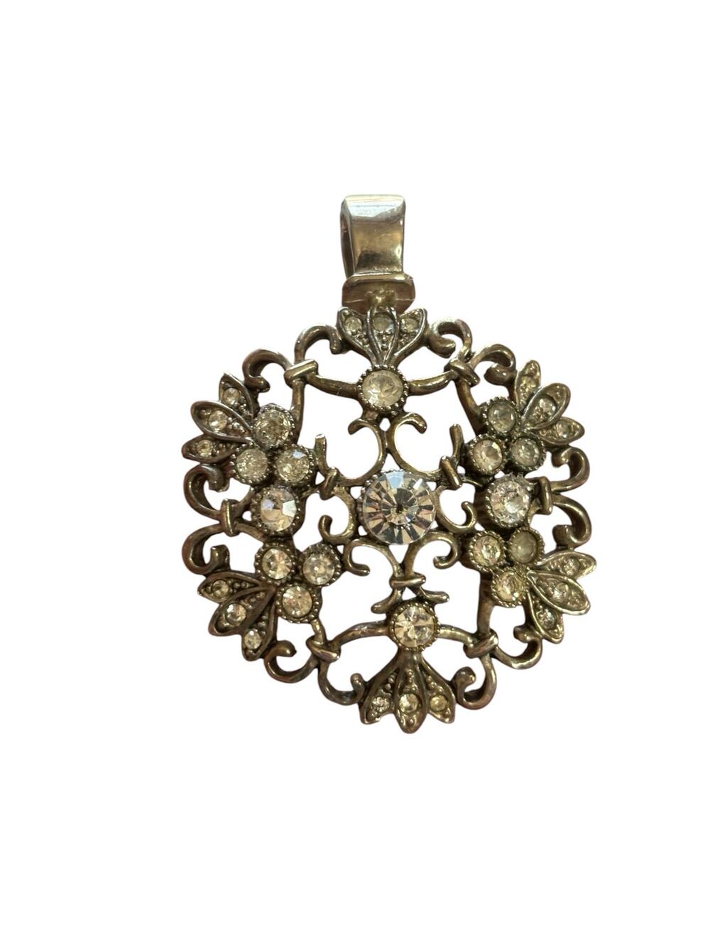 Vintage Rhinestone Filigree Pendant Silver Tone Floral Openwork Restored & Ready